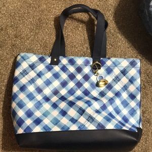 Blue and white gingham tote